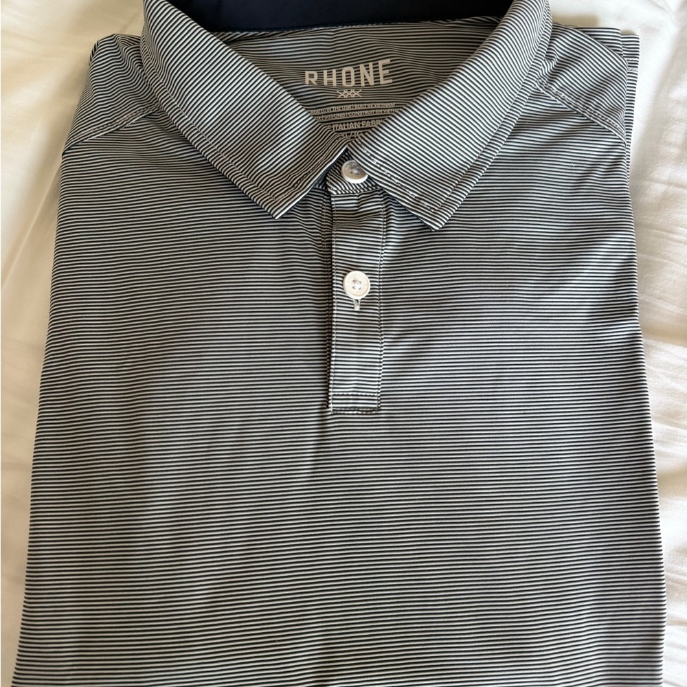 Men's Navy Blue and White Striped Polo Shirt XL
